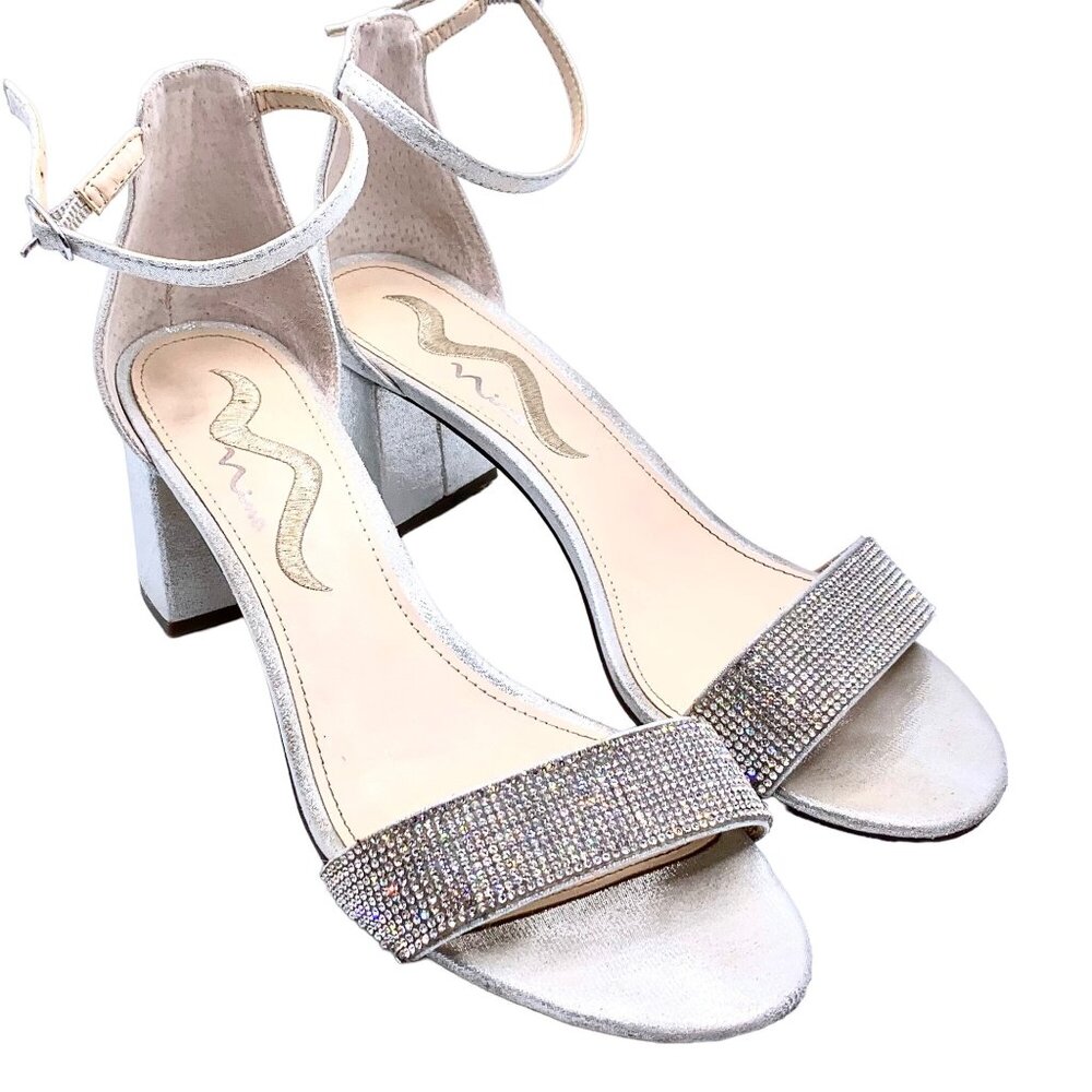 Nina Silver Rhinestone Ankle-Strap Block Heel Sandals